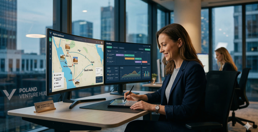 Agent turystyczny Schmetterling korzystający z platformy Experience Engine od Poland Venture Hub do planowania luksusowej podróży po Arabii Saudyjskiej